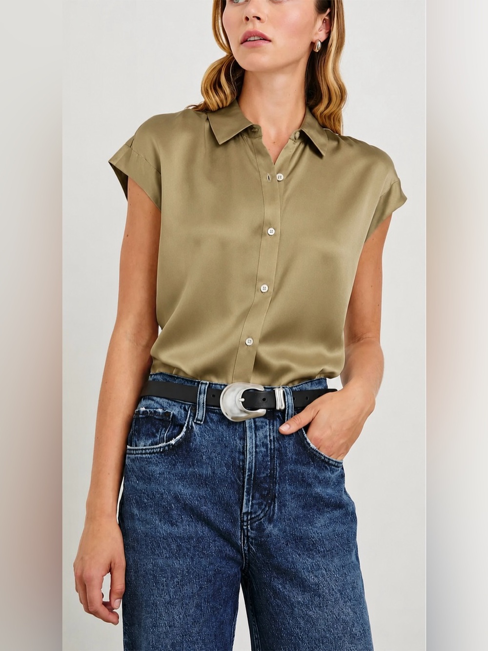 Rails Jones Satin Sleeveless Button Down Blouse Mermaid Green S